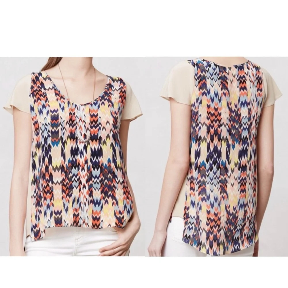 Anthropologie Maeve 100% Silk Multicolor Chevron Print Blouse Small Women’s